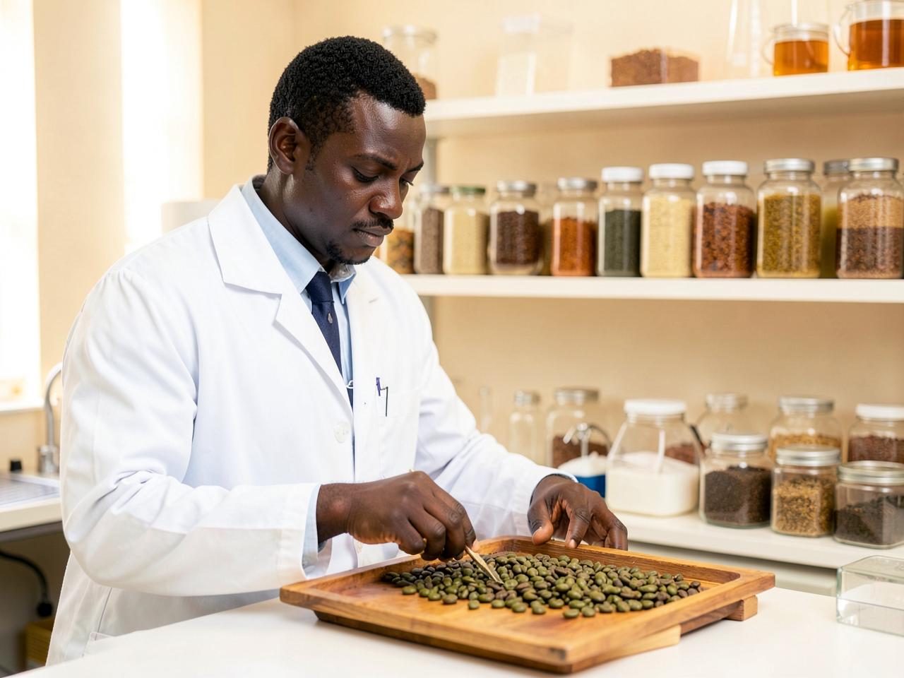 Quality inspector checking green coffee beans